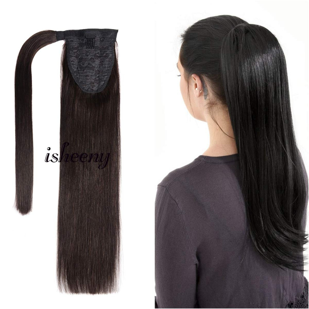 Unisex 18 Inches Straight Human Hair Clip In Ponytail Extension Wrap Around Remy Hairpiece 1B Color