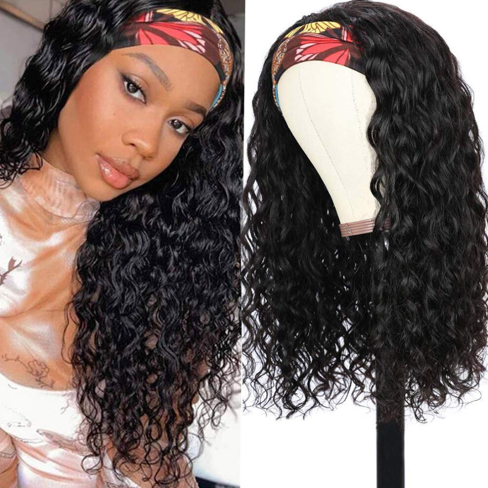 Unisex Water Wave Headband Wig 150 Density Brazilian Virgin Human Hair Glueless Preplucked 14 Inch