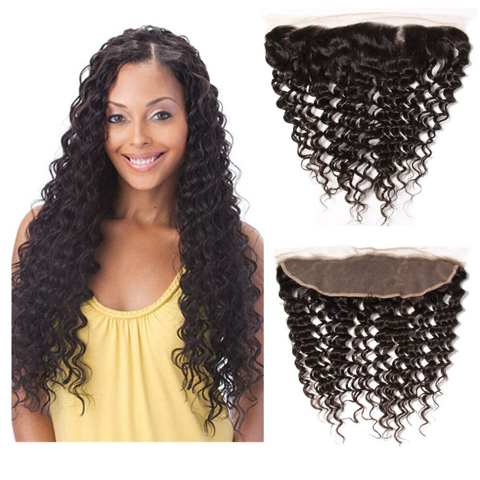 13x4 Deep Wave Lace Frontal Closure Brazilian Virgin Human Hair Natural Hairline 10 Inch