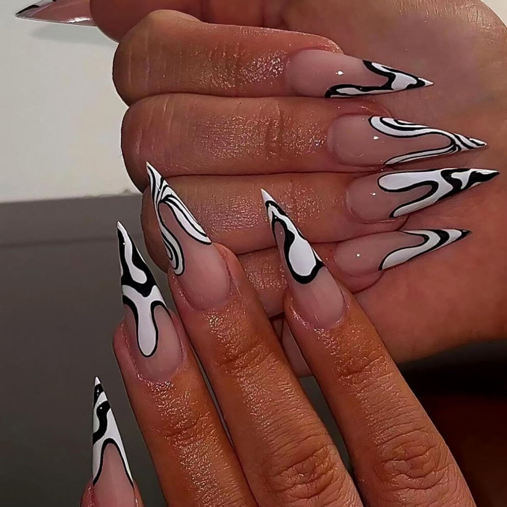 Cow Pattern Press On Nails French Tip Black and White Acrylic False Nails with Adhesive Tabs 24pcs