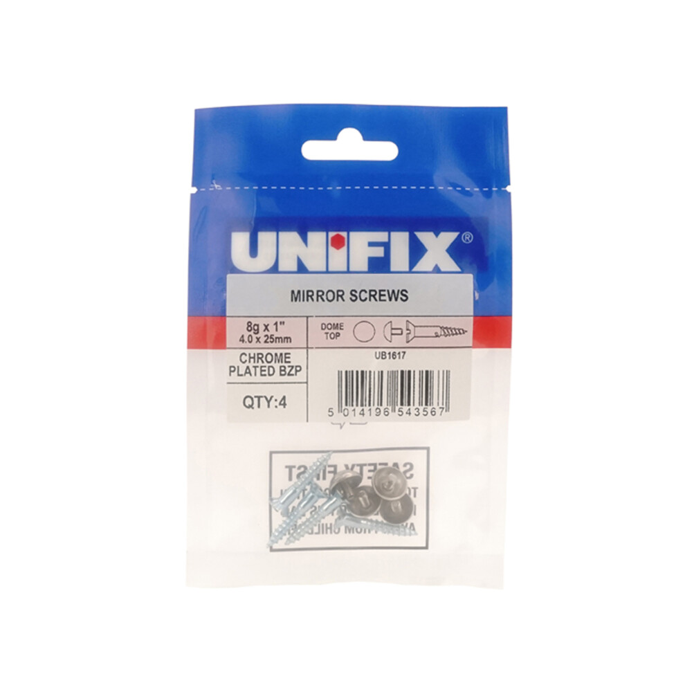 Unifix Mirror Screws Dome Top Chrome Plated Bzp 8G X 1" (4.0 X 25Mm) - Box Of 20 5014196543567