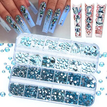 Lake Blue Rhinestones Set for Nails and Crafts, 1620pcs Mixed Sizes and Shapes Flatback Gems