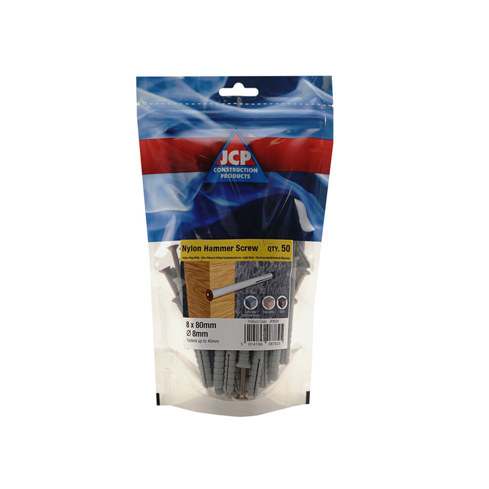 Jcp Fixings Nylon Hammer Screws Zyp 8 X 80Mm - Fjponhs08080 - Bag Of 50 - Box Of 250 5014196087825