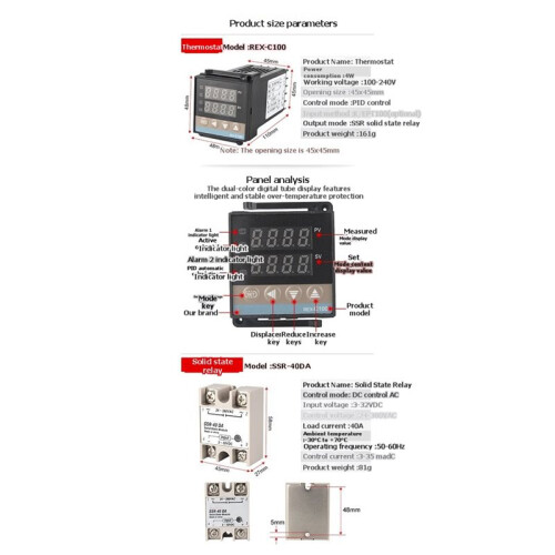 REX-C100 Digital PID Thermostat Temperature Controller with Heat Sink REX-C100/ 40DA SSR Relay/K Thermocouple Probe 2
