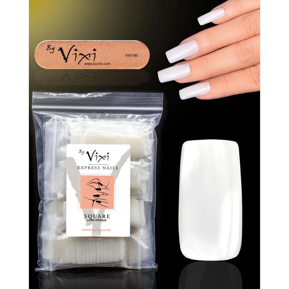 By Vixi 500 Long Square Nail Set With Prep File, 10 Sizes - Opaque Express Full Cover False Fingernail Extensions For Salon Professionals & Home Use