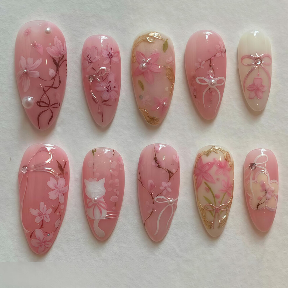 AstraGlam 24Pcs Pink Flower Press on Nails Medium Almond Fake Nails Peach Blossom with 3D Rhinestones Pearl Gold Glitter Design Artificial Cute C