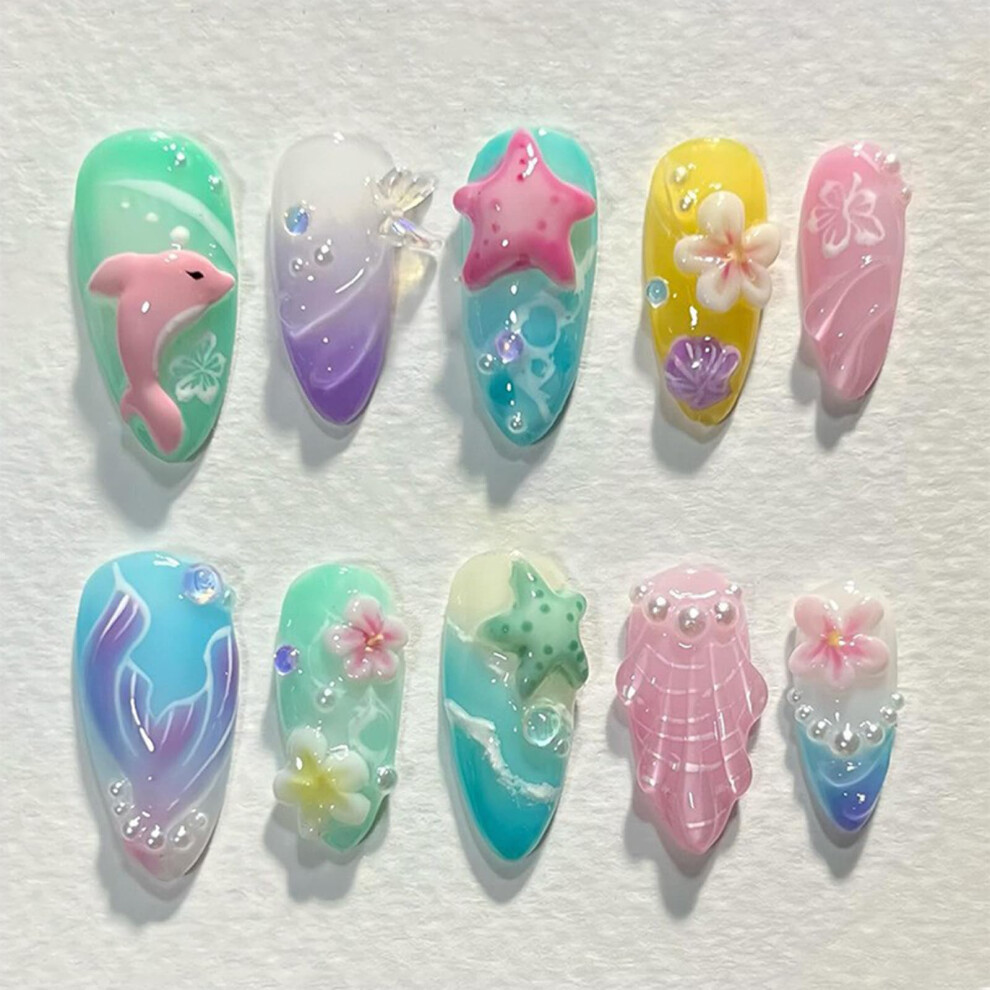 30PCS Ocean Fantasy Press On Nails - Medium Almond False Nails with 3D Dolphin Starfish Seashell Floral Design - Gradient Summer Nail Art Set wit