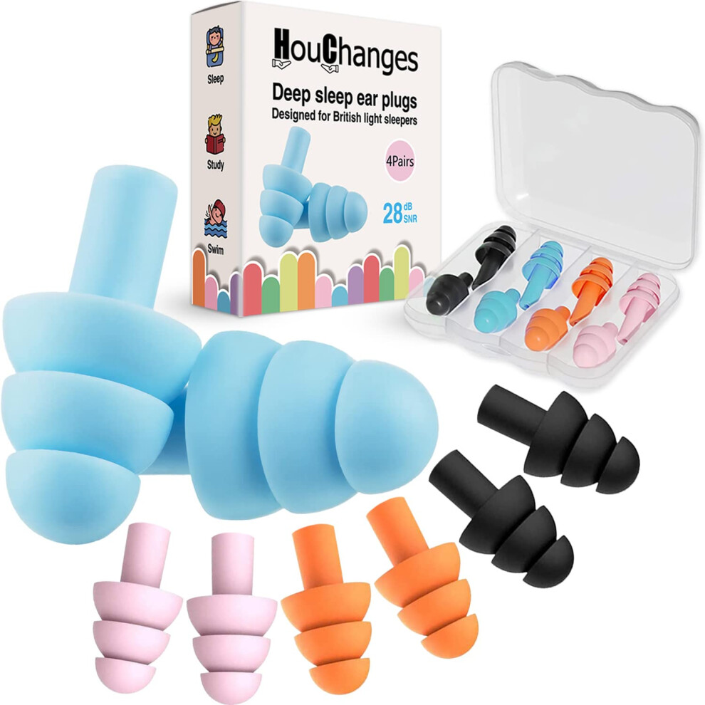 Houchanges Ear Plugs For Sleep Soft Silicone Reusable, Earplugs For Sleeping Noise Cancelling(4Pairs) Multicoloured