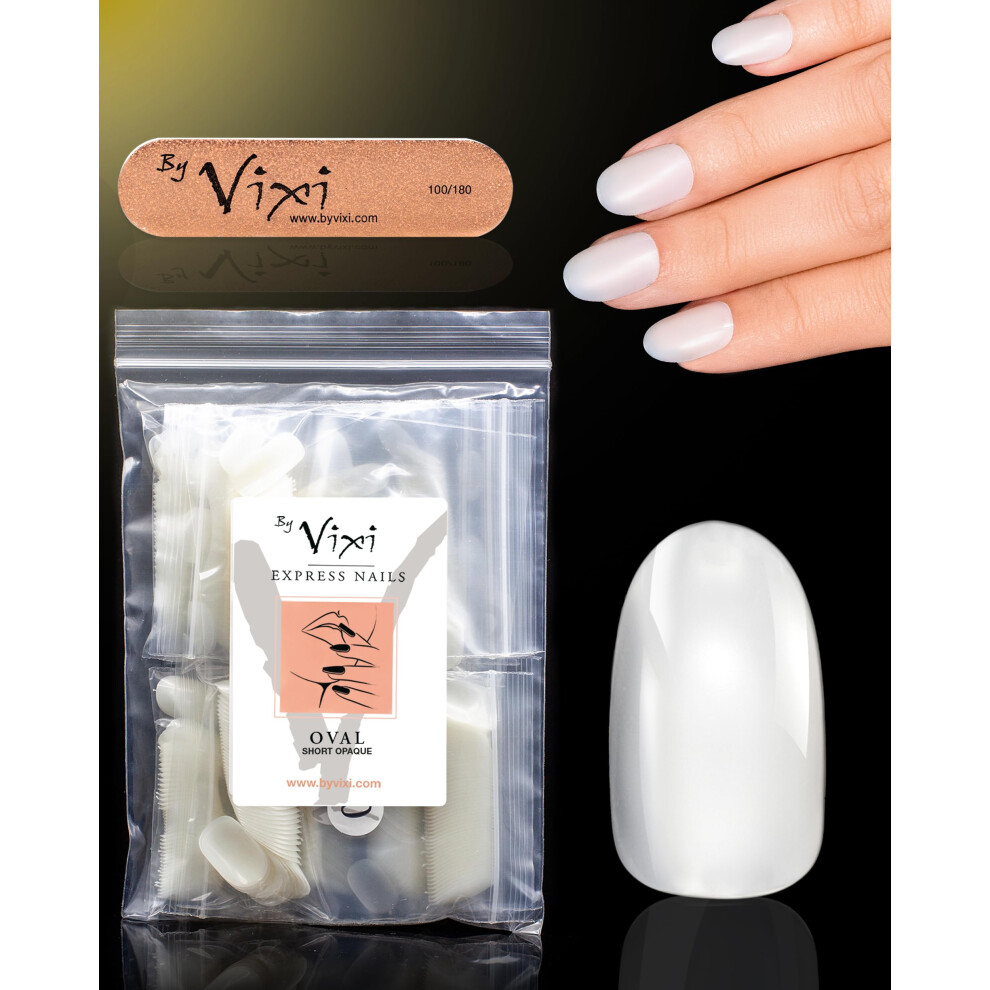 By Vixi 600 SHORT OVAL NAIL SET with PREP FILE, 10 Sizes â Opaque Express Full Cover False Fingernail Extensions for Salon Professionals & Home U