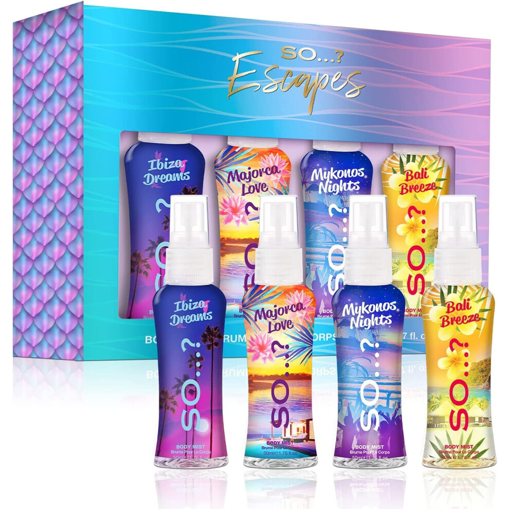 Soâ¦? Escapes Womens Gift Set, with Ibiza Dream, Bali Breeze, Mykonos Nights & Majorca Love, Fragrance Spray Set (4 x 50ml)
