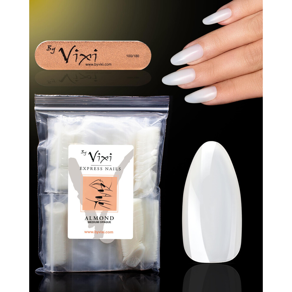 By Vixi 600 MEDIUM ALMOND NAIL SET with PREP FILE, 10 Sizes â Opaque Express Full Cover False Fingernail Extensions for Salon Professionals & Hom