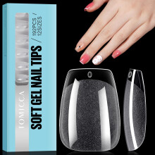TOMICCA Coffin Shaped Short Nail Tips - 192PCS Half Matte Soft Gel, No File Needed- Full Cover False Nails, Clear Acrylic & Strong Tips for Press