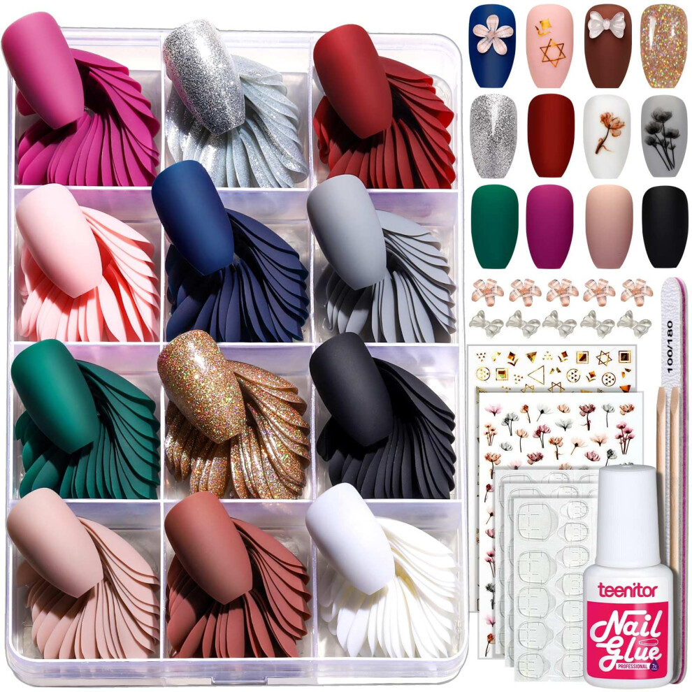 Teenitor 288pcs Press on Nails Set with Nail Adhesive Tabs, Medium Length Matte False Nails