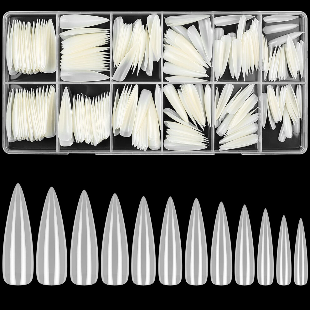 Woshilaods 240 Pcs Clear Nail Tips, Gel Stiletto Full Cover Long Fake Acrylic Press On Nails Tips For Gel Art (Natural)