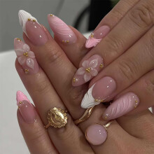 AstraGlam 3D Pink Press on Nails - Medium Almond French Tip Fake Nails with Embossed Flower&Gold Bead Designs