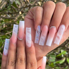 Coffin Press On Nails Pink and White with Rhinestones, 24 Pcs Glossy Acrylic Full Cover Set