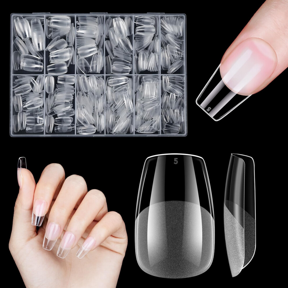 Coffin Nail Tips, Venares 500 Pcs Soft Gel Nail Tips for Acrylic Extensions, 12 Size Clear Full Cover Coffin Nails Pre-shaped Clear False Nails E