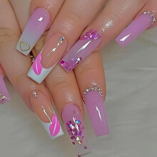 Coffin Press on Nails with Rhinestones Pink French Tip Fake Nails Set Medium Square 24PCS
