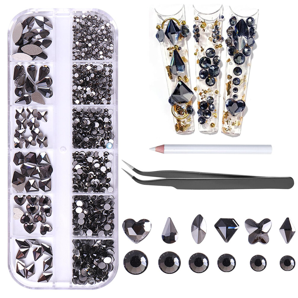 Black 810Pcs Nail Art Rhinestones Set Ab Flatback Multishape 3D Crystals With Tweezers