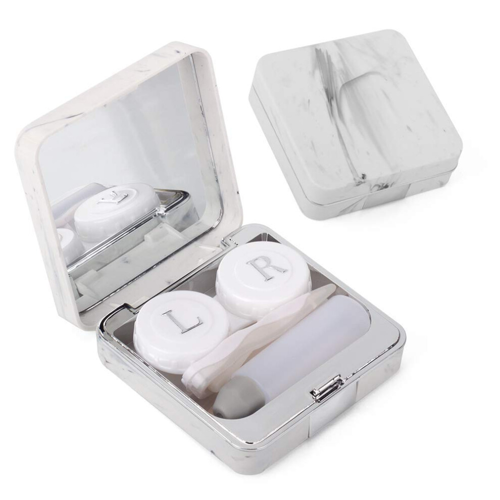 Silver/Grey Marble Contact Lens Case With Mirror, Leakproof Solution Bottle And Tweezers, Travel Kit For Women