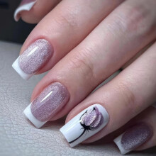 White French Tip Press on Nails Short Fake Nails with Purple Glitter Flowers 24pcs Square Set