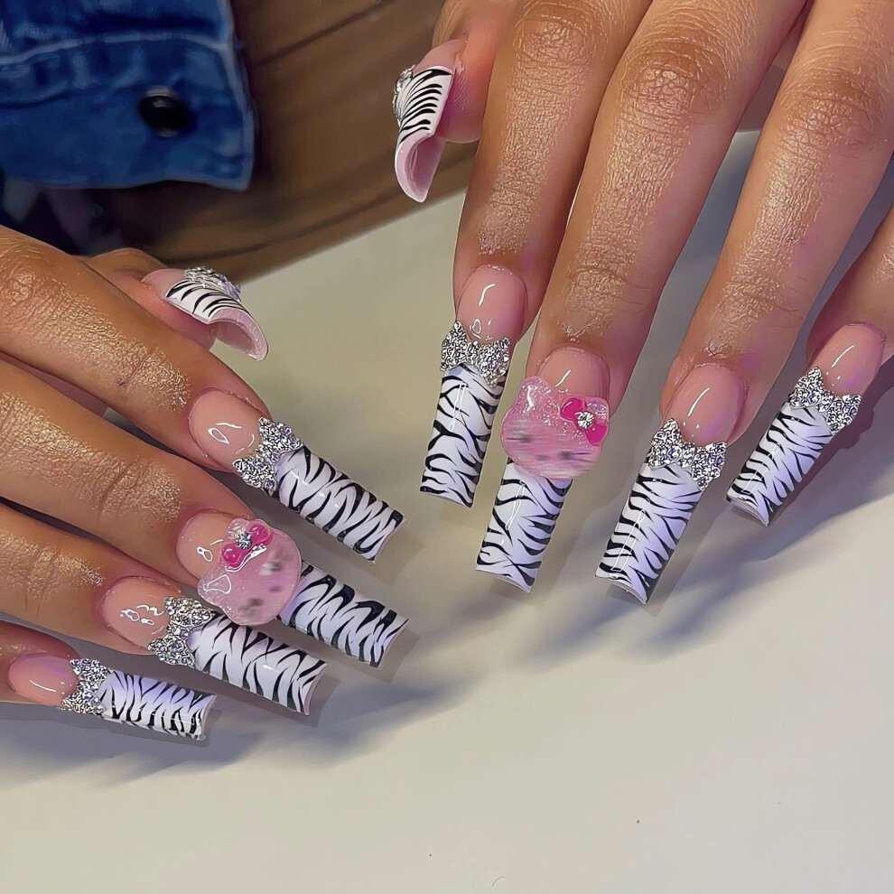 Long Coffin Press On Nails with Glue, French Tip Acrylic False Nails Set with Rhinestones 24pcs