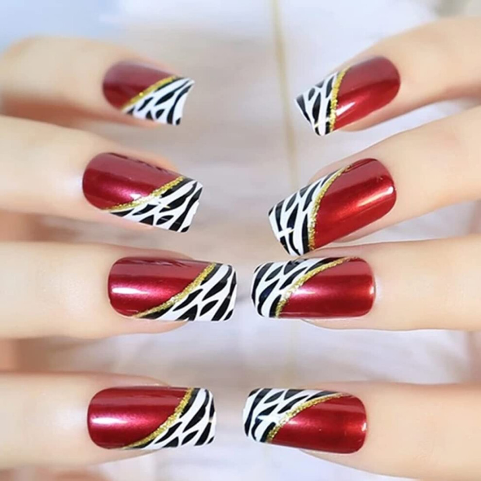 Burgundy Leopard Print Press On Nails Set, Glitter Square Fake Nails, Reusable Salon Style