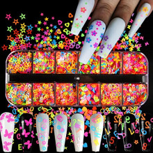 Fluorescent Nail Art Glitter Set with Holographic 3D Hearts Butterflies Flowers Stars Letters Circles