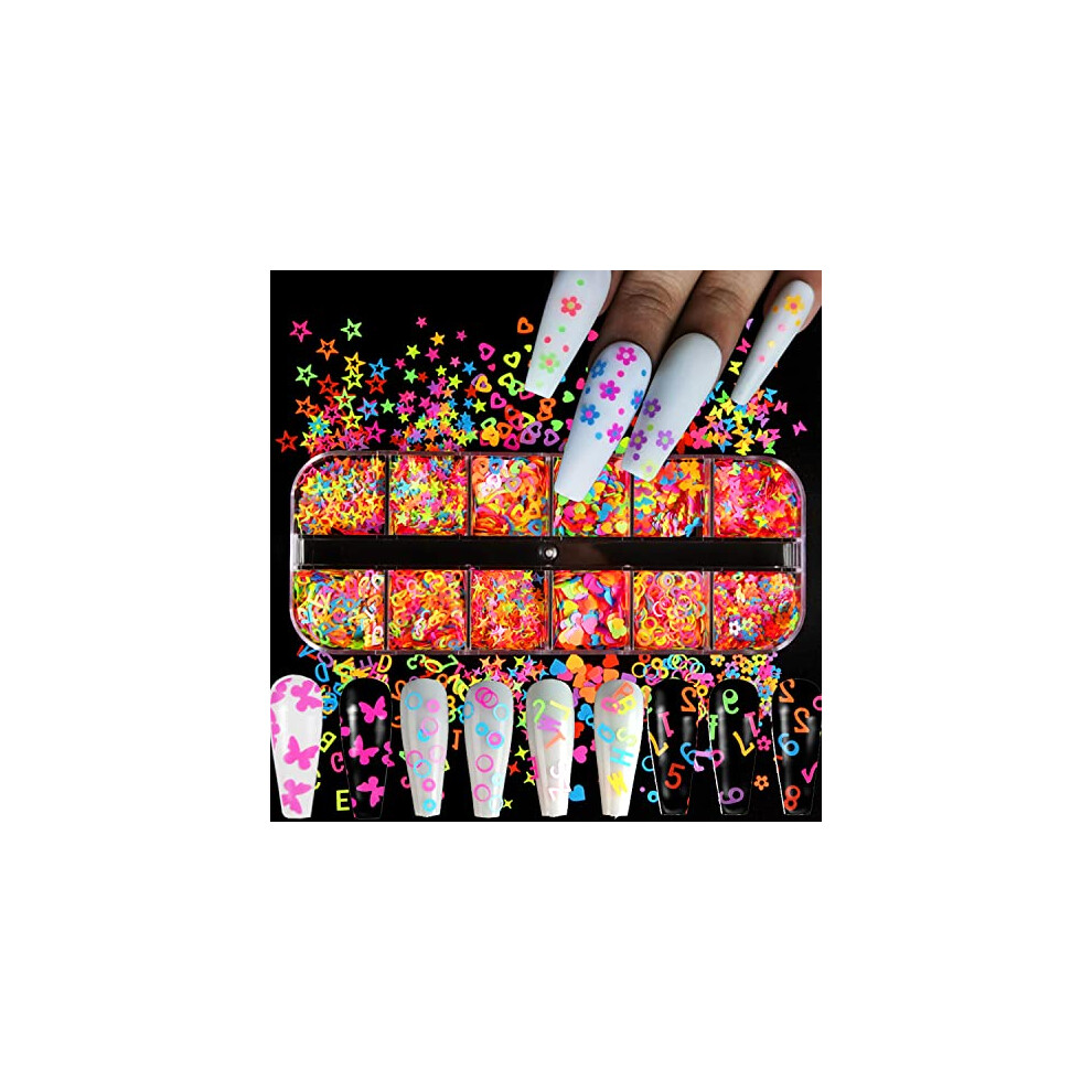 Fluorescent Nail Art Glitter Set with Holographic 3D Hearts Butterflies Flowers Stars Letters Circles