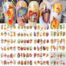 Autumn Nail Stickers 12 Sheets with Maple Leaf Pumpkin Mushroom Design 5D Embossed Water Transfer