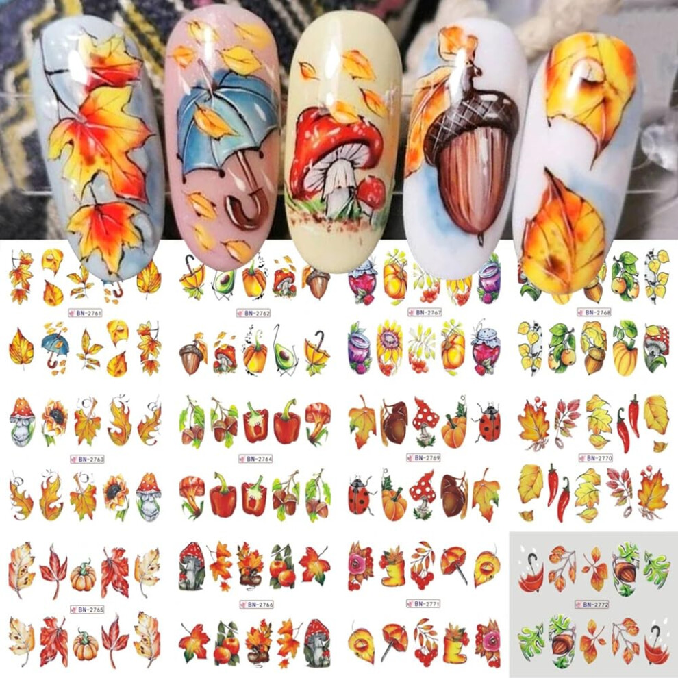 Autumn Nail Stickers 12 Sheets with Maple Leaf Pumpkin Mushroom Design 5D Embossed Water Transfer