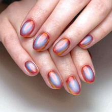 Short Round Press On Nails with Glue, 24pc Chrome Glossy Fake Nails Set, Salon Style Custom Fit