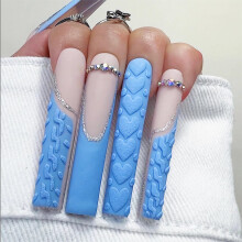 Long Coffin Press On Nails with Rhinestones Blue Ballerina Acrylic Glue On Nails Set 24Pcs
