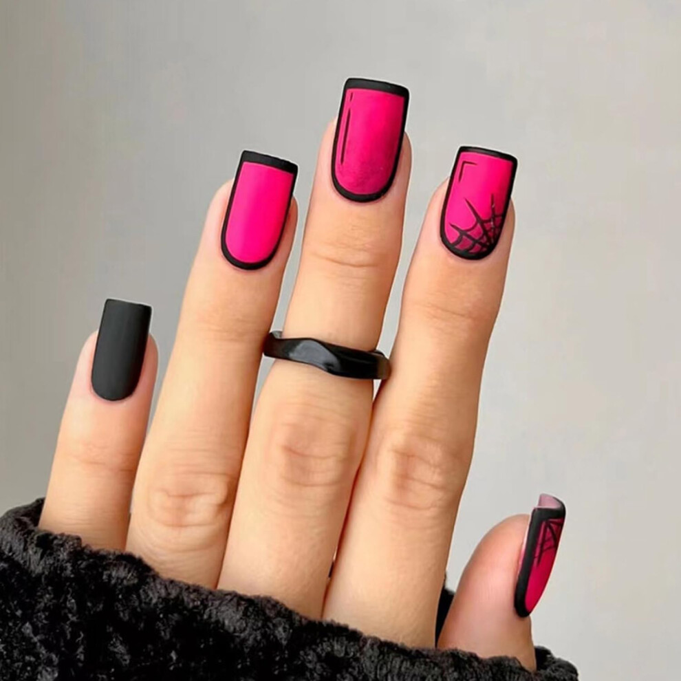 Pink Halloween Press On Nails Spider Web Fake Nails Medium Acrylic False Nails 24Pcs Reusable
