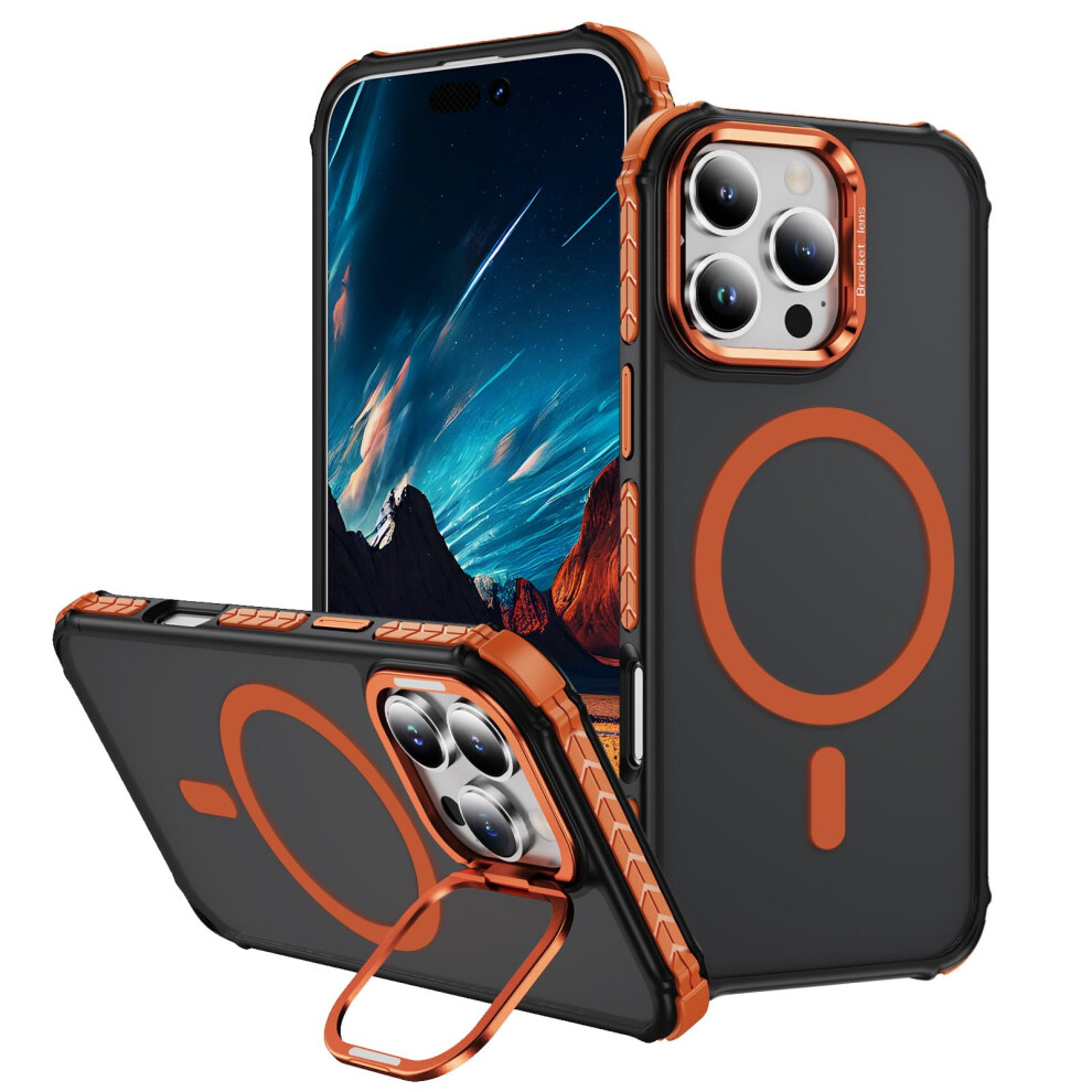 Magsafe Compatible Case With Foldable Camera Kickstand, Shockproof Translucent Cover For Iphone 16 Pro Orange 9771547394235