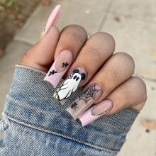 Halloween Press on Nails Pink Square Fake Nails with Spider Web and Ghost Designs 24PCS Reusable