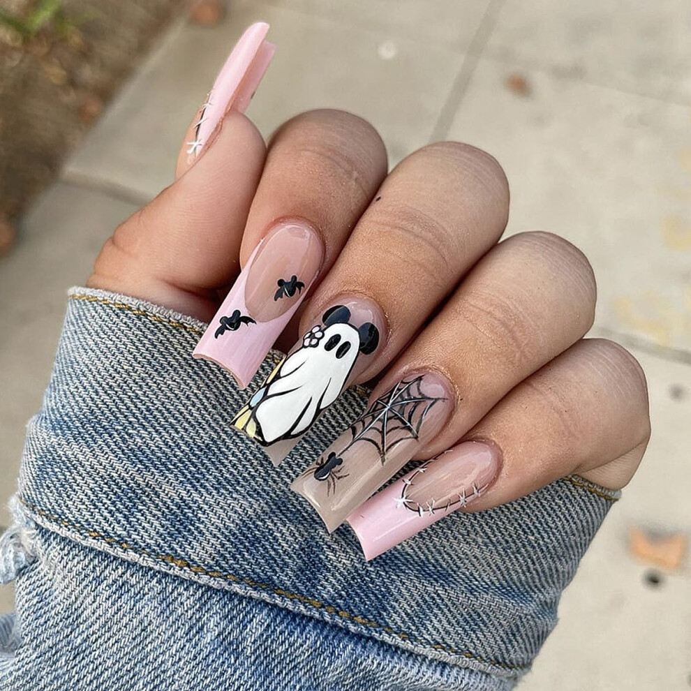 Halloween Press on Nails Pink Square Fake Nails with Spider Web and Ghost Designs 24PCS Reusable