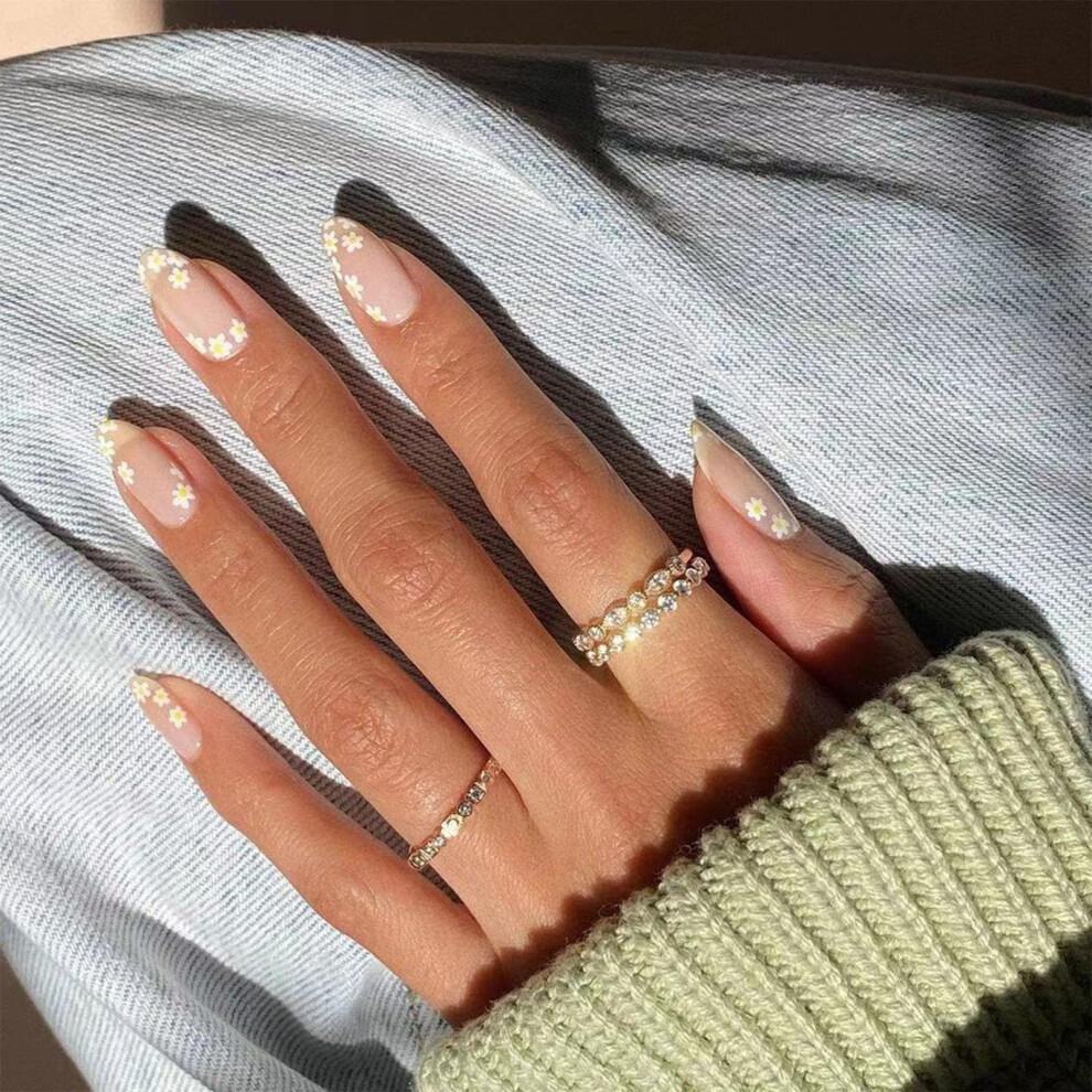 Medium Nude Almond Press On Nails with Cute Floral Design, 24 Piece Instant Salon Manicure Set