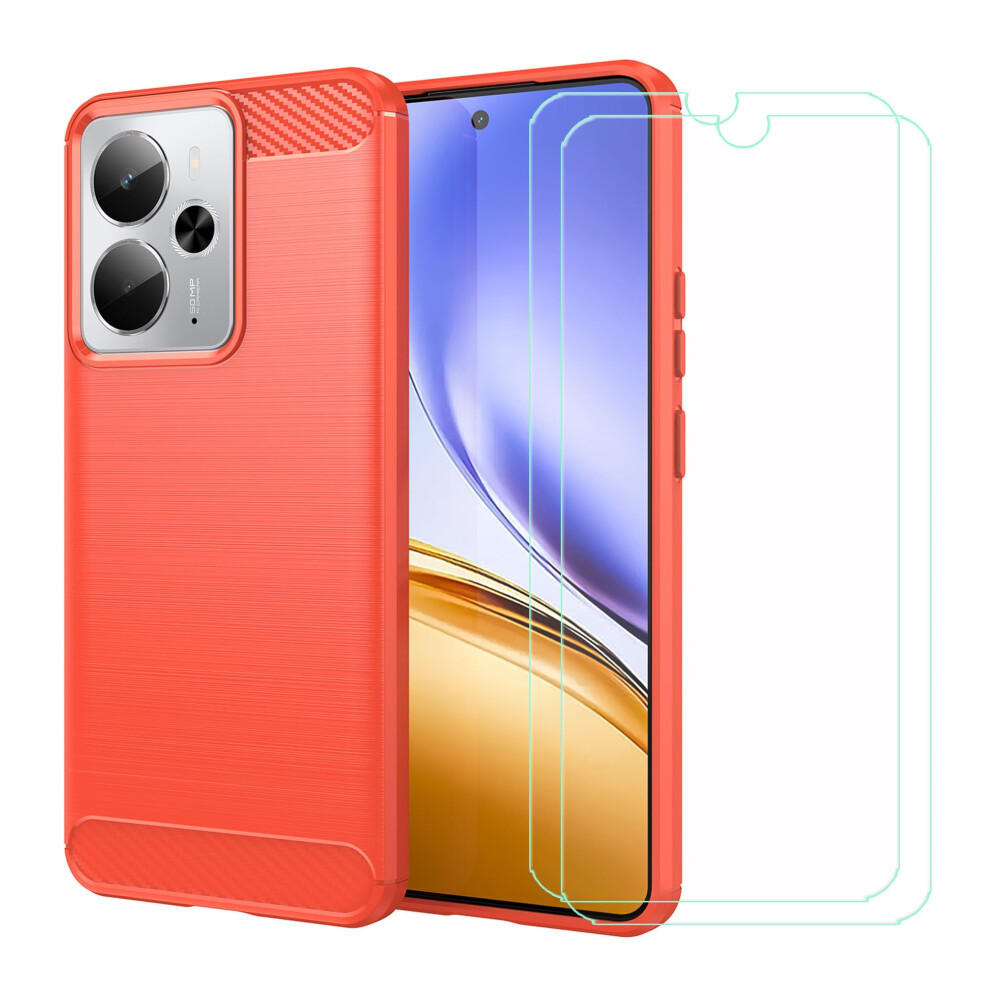 Carbon Fiber Shockproof Tpu Case Cover With 2 Tempe Glass Screen Protectors For Realme 14 5G Red 9073542651536