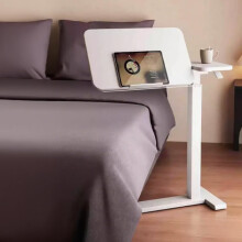 Overbed Table with Adjustable Height and Hidden Casters, White Rolling Bedside Desk for Bedroom and Office