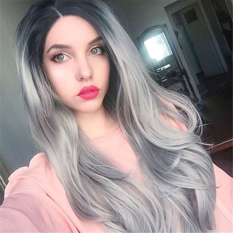 Synthetic Lace Front Wig 22 Inch Straight Ombre Grey Heat Resistant Dark Roots Natural Hairline