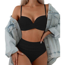 2-Delat Bikiniset för Kvinnor, Spaghettiband, Högt Skuren, Push-, Bygel Svart XL