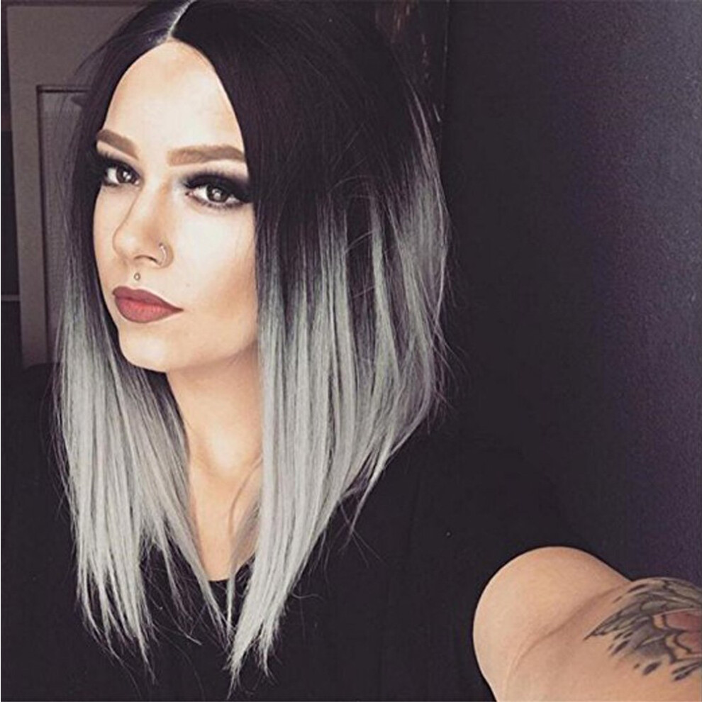 Women's Short Grey Ombre Bob Wig No Bangs Straight Heat Resistant Synthetic Hair