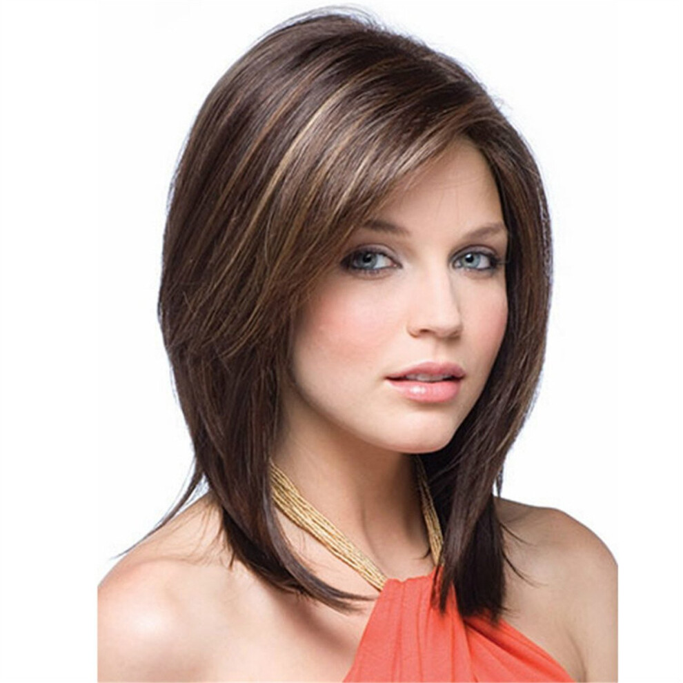 Long Dark Brown Human Hair Wig with Bangs, Natural Looking, Breathable Cap, Heat Resistant