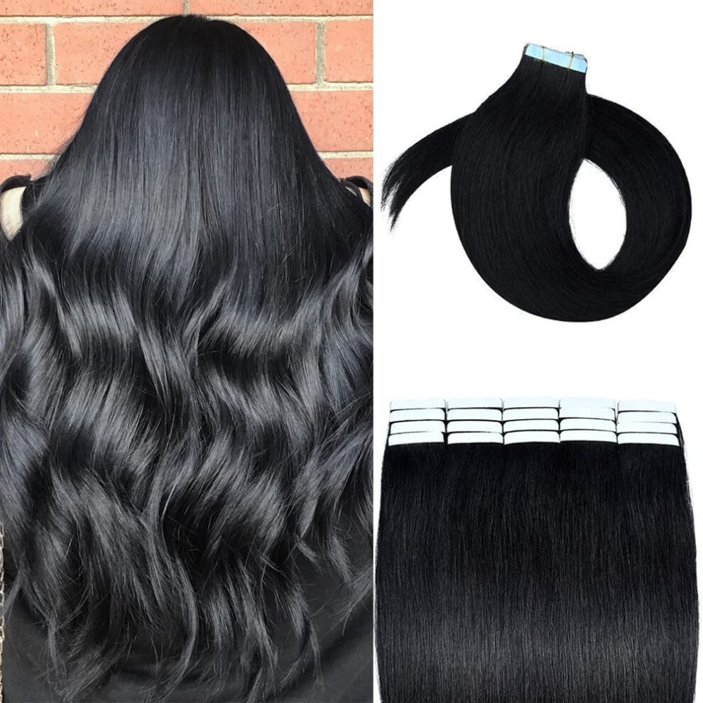 Unisex Tape In Remy Human Hair Extensions 18 Inch Straight Skin Weft Natural Look 20Pcs 1B#