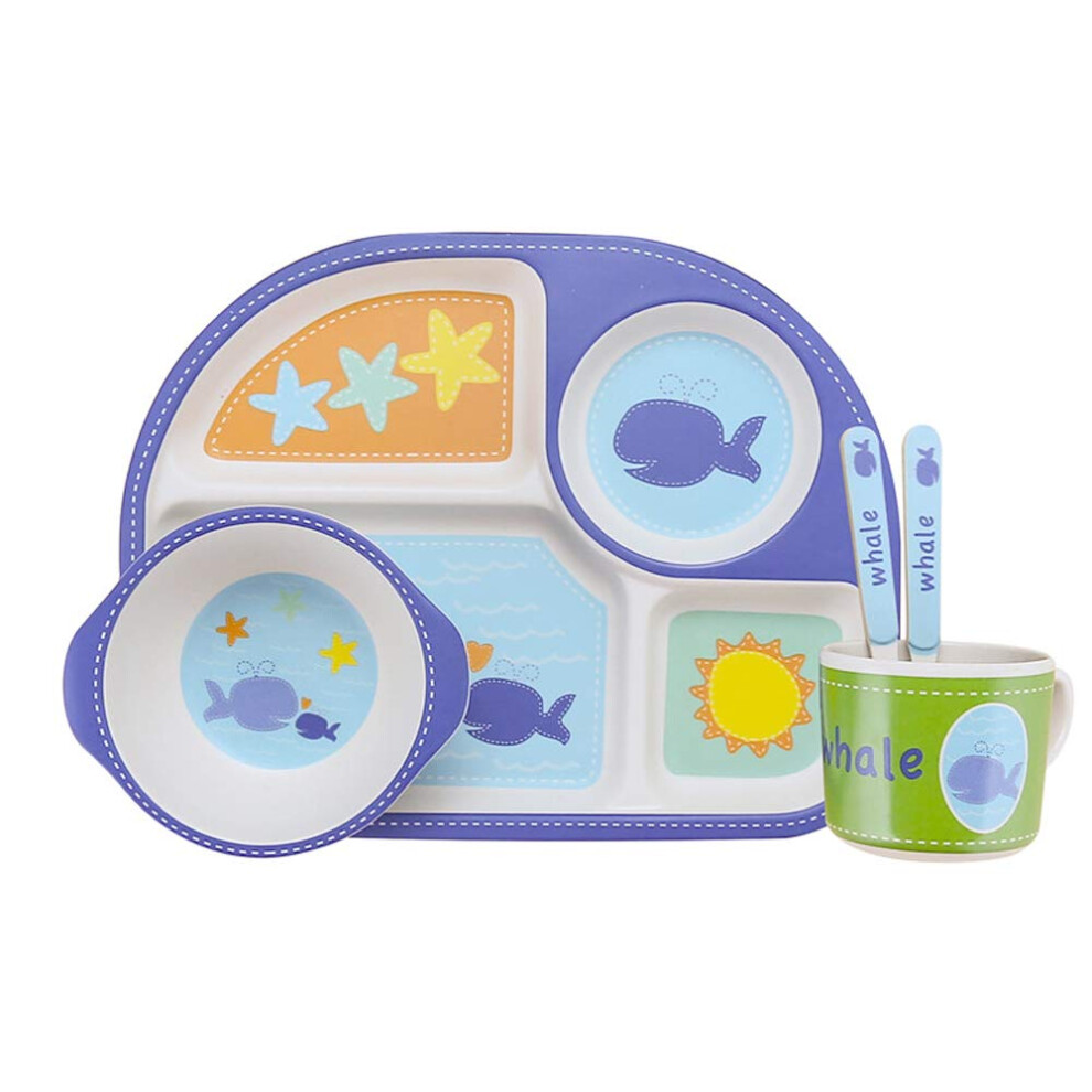 Kids Bamboo Dinnerware Set 5 Piece Whale Cartoon Design Toddler Feeding Set Dishwasher Safe Eco Friendly