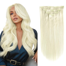 16 Inch Blonde Clip In Human Hair Extensions #613 Remy Double Weft Natural Volume Heat Friendly