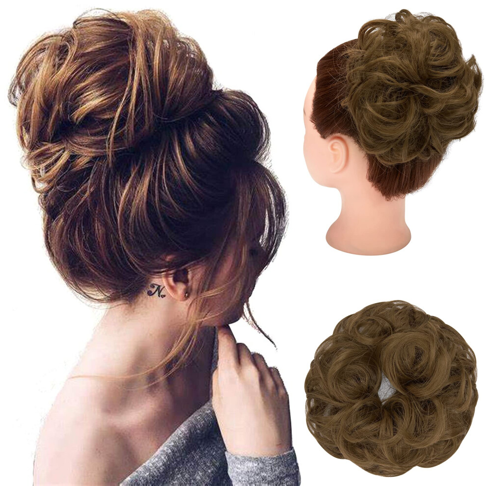 Unisex Brown Hair Bun Extension Wavy Curly Messy Bun Hair Piece Light Synthetic For Instant Volume Updo