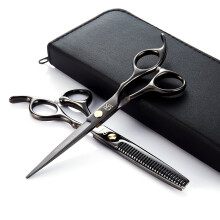 Professional Barber Hair Cutting and Thinning Scissors Set Japanese 440C Steel with Leather Case Black