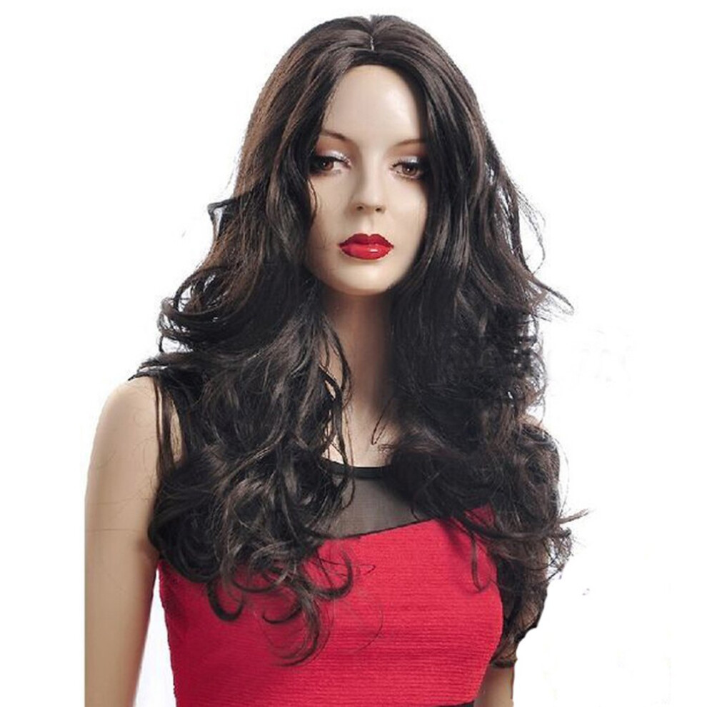 Long Wavy Black Synthetic Wig with Bangs Heat Resistant Fiber Natural Look Adjustable Fit